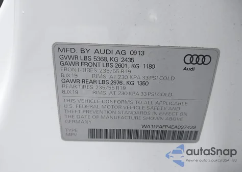 2014 Audi Q5 2.0T Premium z USA, uszkodzony, nr VIN WA1LFAFP4EA037439